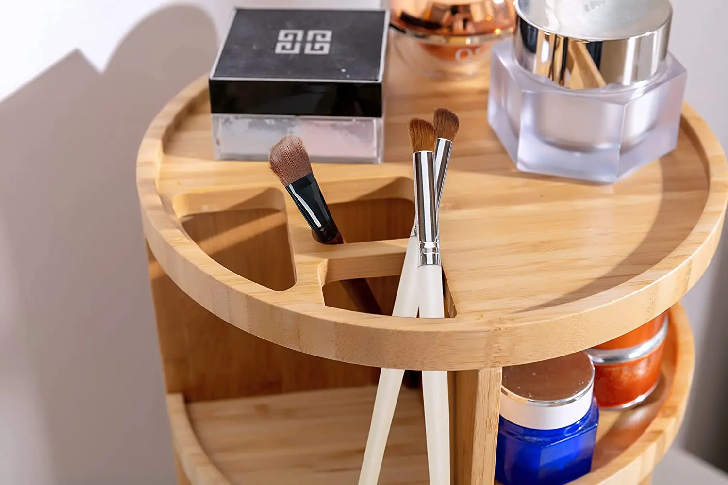 Multi-Function Storage 360 Degree Bamboo Cosmetic Jewelry Display 3 layer Desk Makeup Rotating Wooden Bathroom Organizer