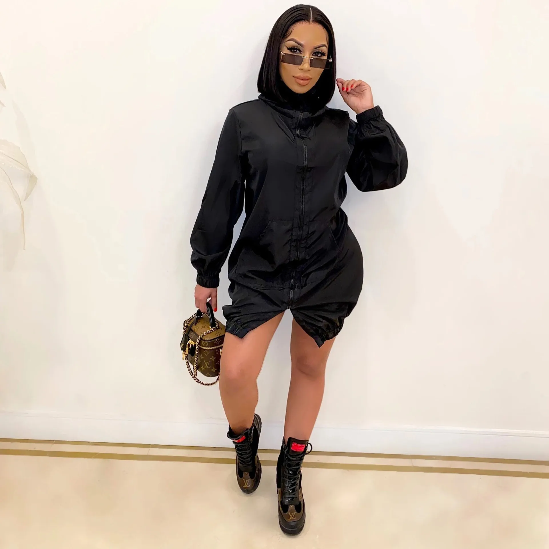 XLL Осенняя Длинная зимняя Полиэстеровая ветровка с длинным рукавом, с принтом спереди, длинное пальто для женщин, повседневная куртка на молнии с разрезом