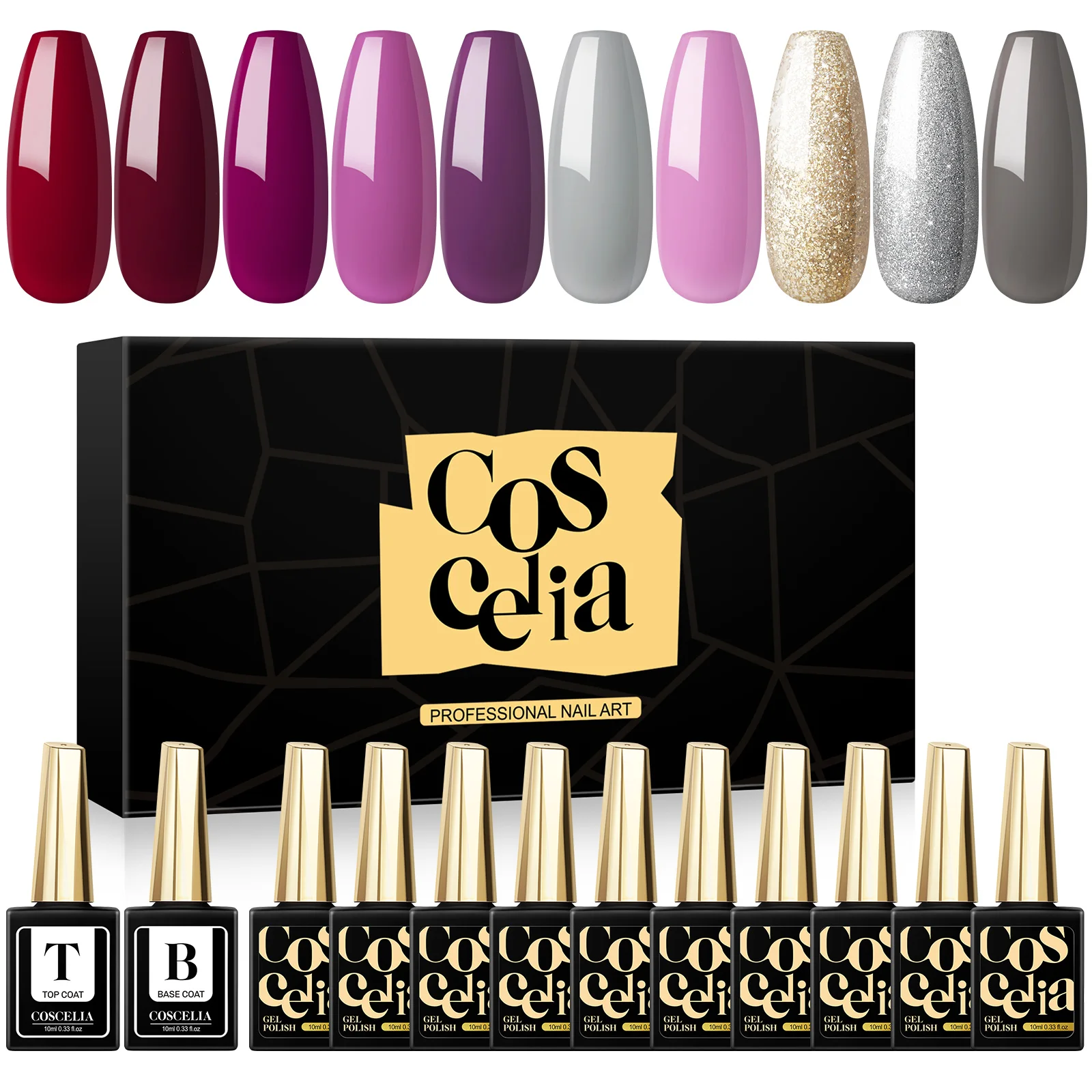 COSCELIA 2022 Hot Sale 10 Colors Professinal Nail Polish Set with Top Coat Base Coat UV Gel US Warehouse Free Shipping