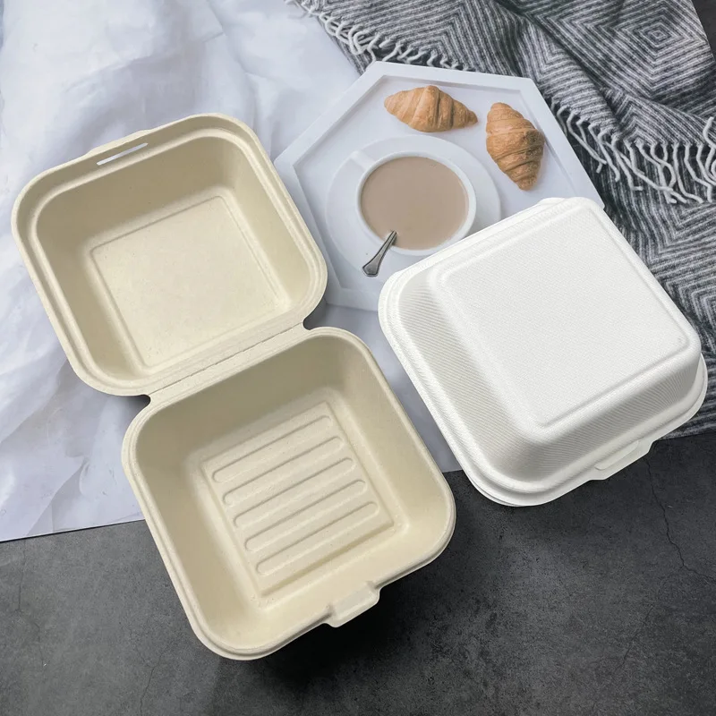 Disposable Burger Take Out Lunch Box Biodegradable Sugarcane Bagasse Hamburger Clamshell and Box