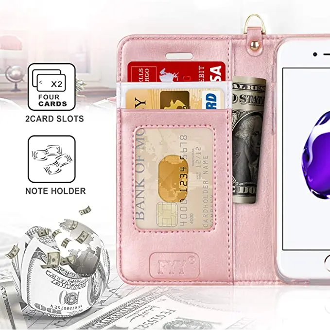 Luxury PU Leather Wallet Phone Case with Card Holder Flip Kickstand Cover Rose Gold Designed for iPhone SE Case 2022