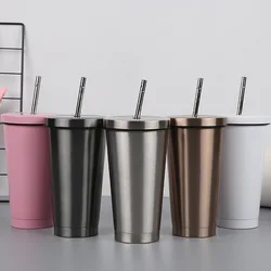 500ml Juice Coffee Cup Drinking Tumblers Portable Mugs Stainless Steel Straw Cup