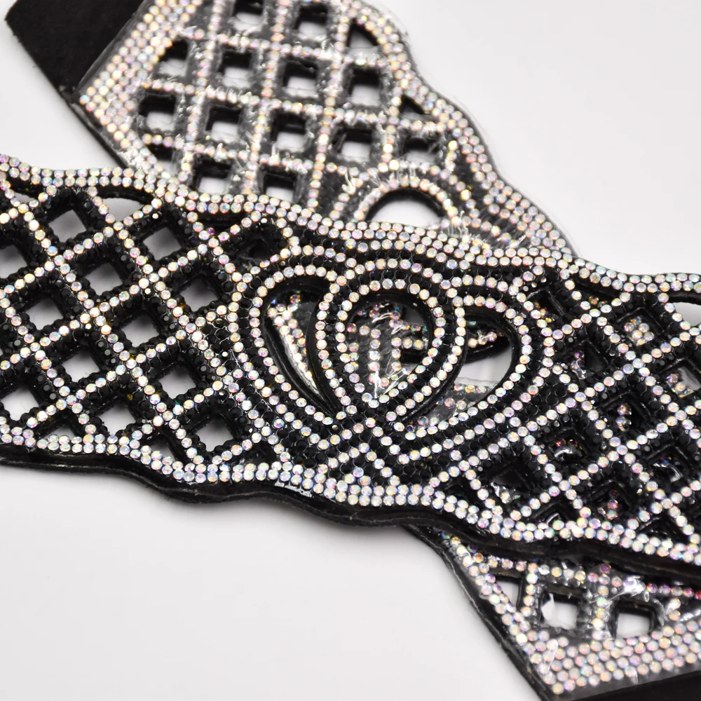 Latest customized designs semi-finished woman PU suede shoe upper bling glass decoration rhinestone strip shoe upper materials