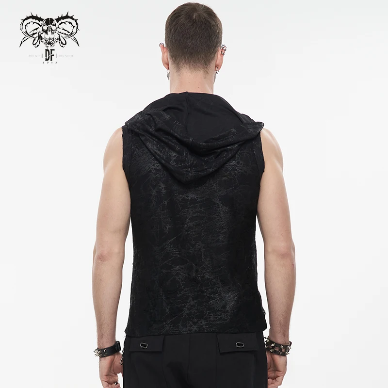 TT201 Devil Fashion Summer good elasticity printed ripped knitted short sleeve men skull black punk Hoodie with chains