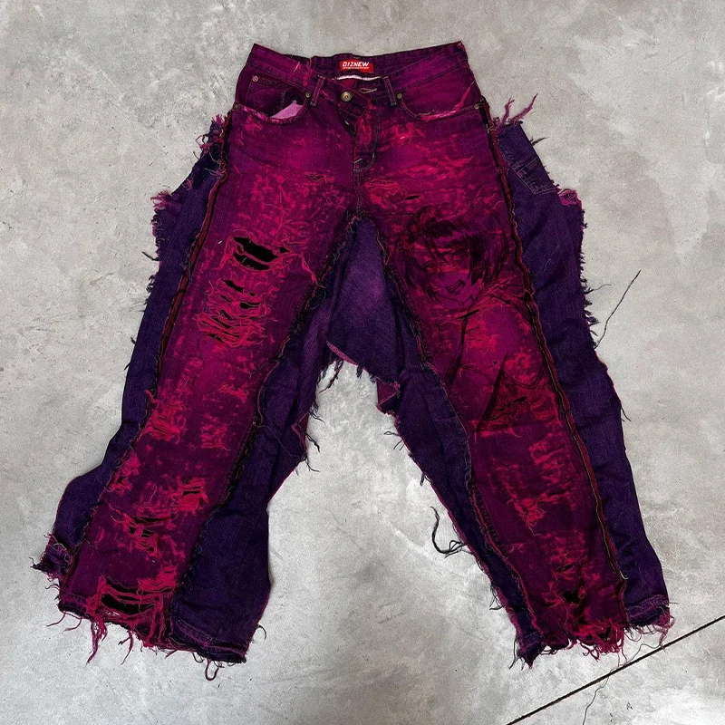 DiZNEW American retro original niche design sense erosion patchwork pleated loose straight pipe hip hop street dance men jeans