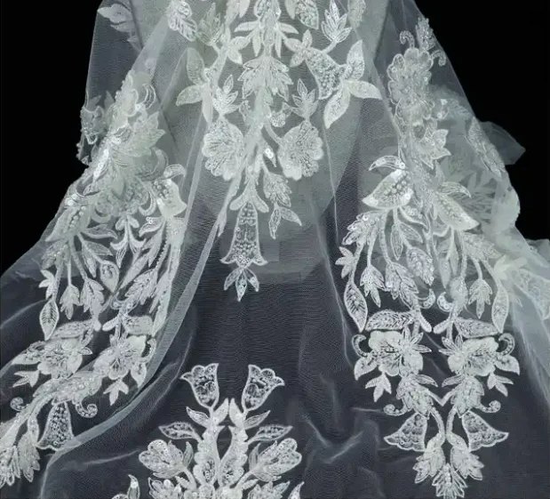Elegant design ivory soft tulle embroidery beads lace fabric sequin for wedding dress Party dress silver glitter