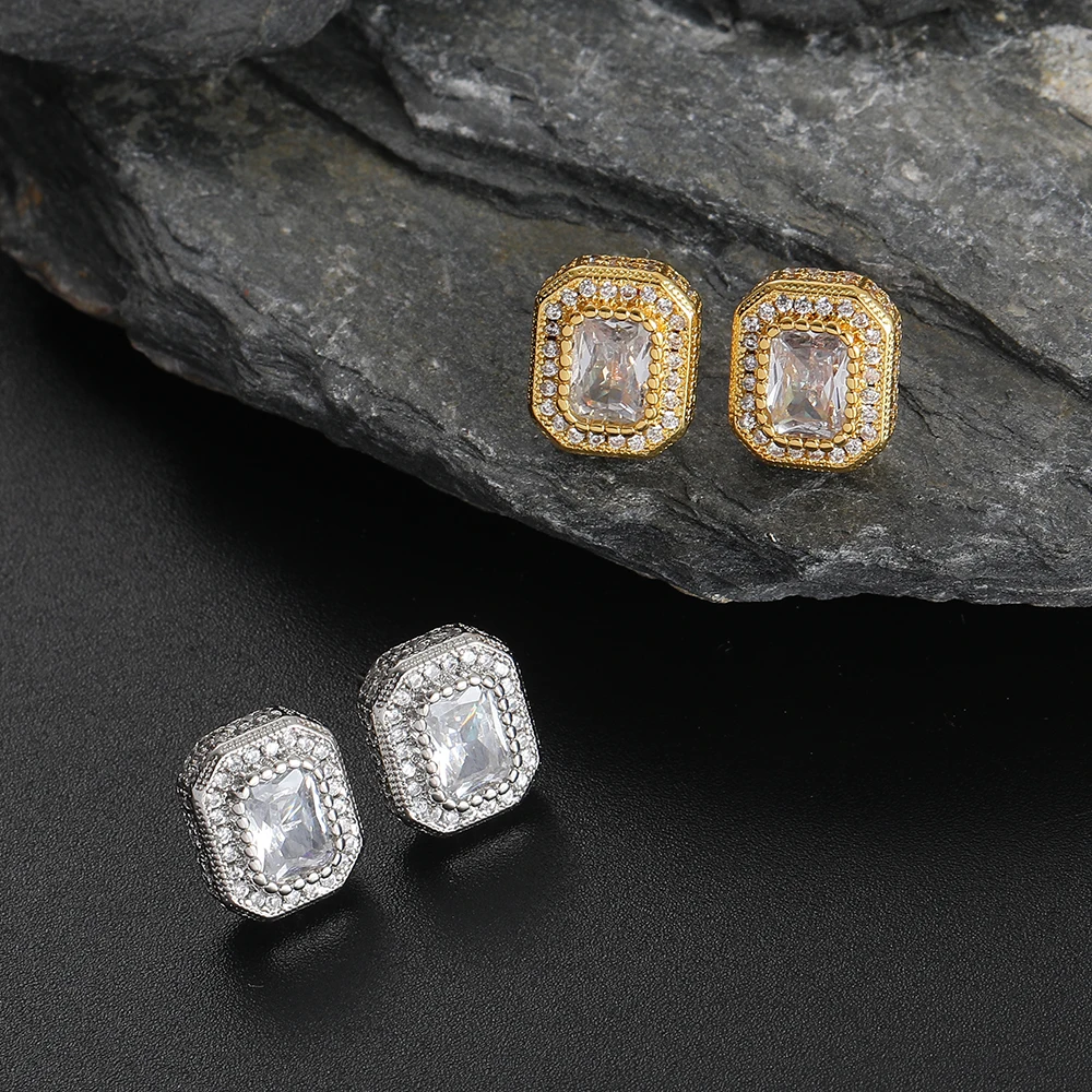 Minimalist Hip Hop Iced Out CZ Stone Rectangle Stud Earrings Rhodium Plated Zircon Crystal Square Earring For Women Men Jewelry