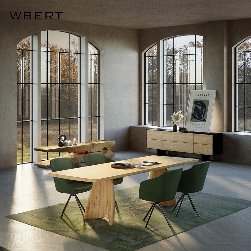 WBERT Nordic Style Solid Wood Long  for Kitchen Hotel Apartment Living Room Homestay Rectangular Dining Table