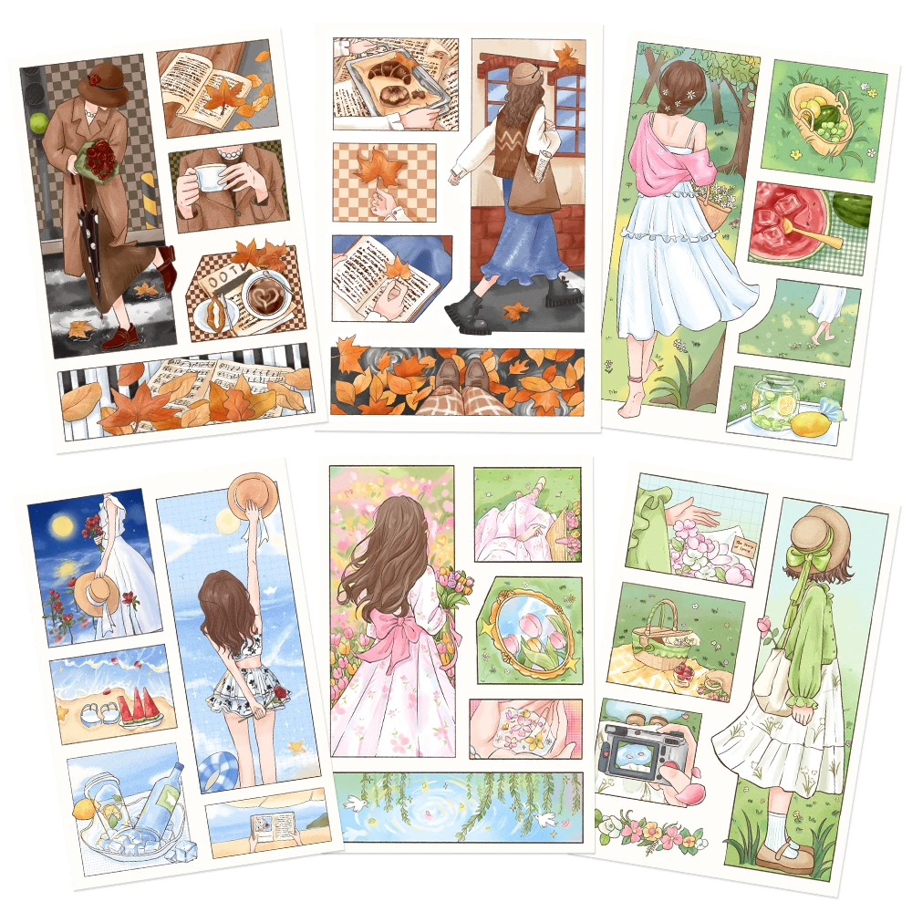 8 Sheets Illustration Style Girls Collage Decals Diy Mobile Phone Photo Frame Notebook Storage Box Waterproof Creative Stickers