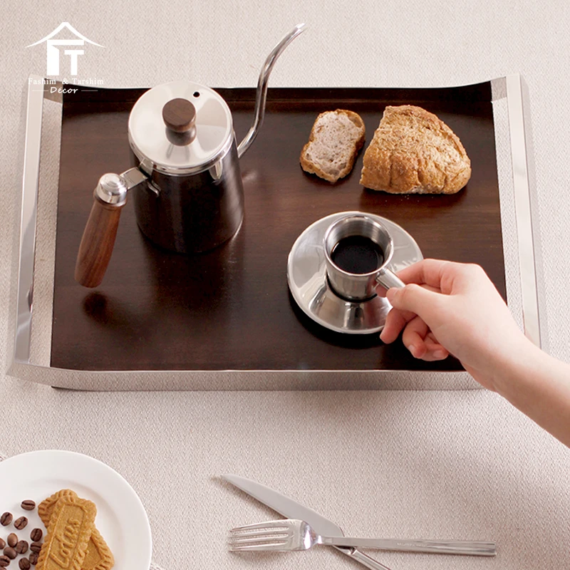 Manufacture serving trays With metal handles hot sale wooden trays set serving decorative cafe serving tray