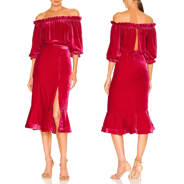 Off-shoulder Ledis Dress Women 2025 Ruffled Elegant Cropped Neck Velvet Midi Ladies Fashion Mermaid Dress