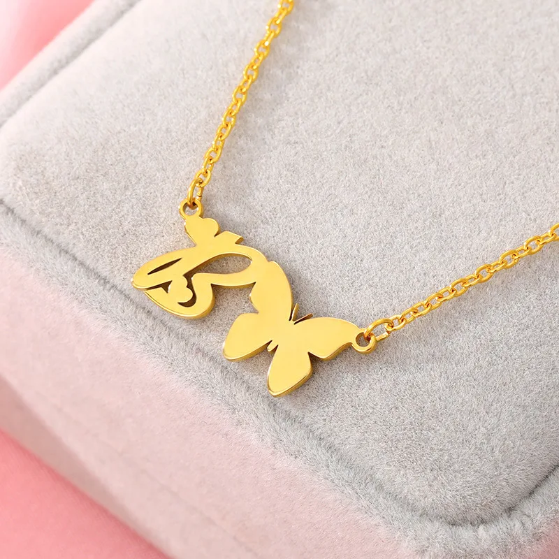 Simple Jewelry Letter Butterfly Pendant Necklace Stainless Steel Initial Charm Letter Pendant Necklace For Gifts