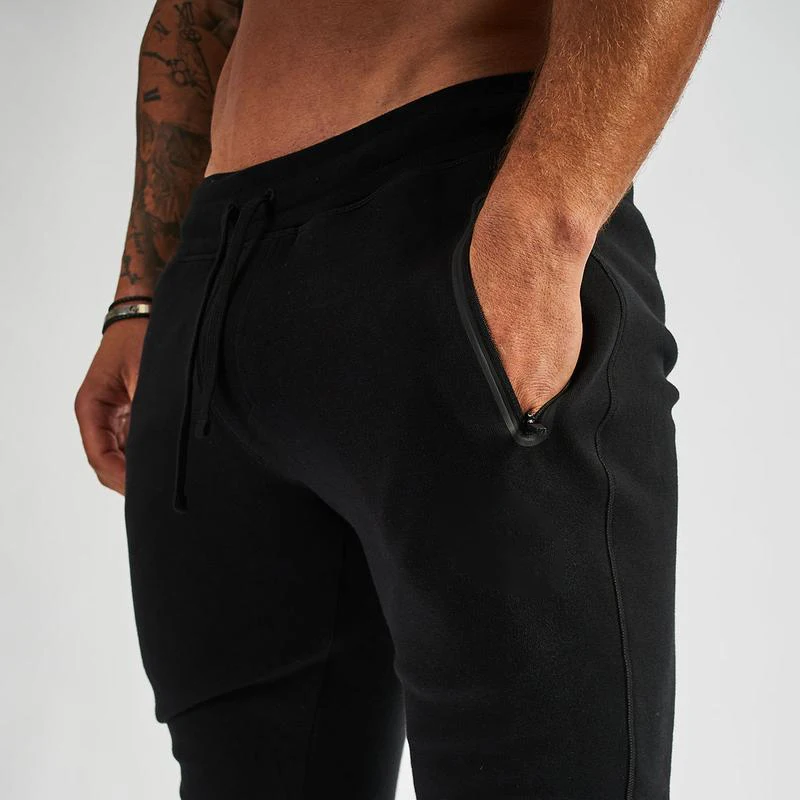 Custom Men Black Cotton Narrow Foot Fitness Jogging pants Drawstring Long Gym Jogger Pants With Side Zipper Pocket