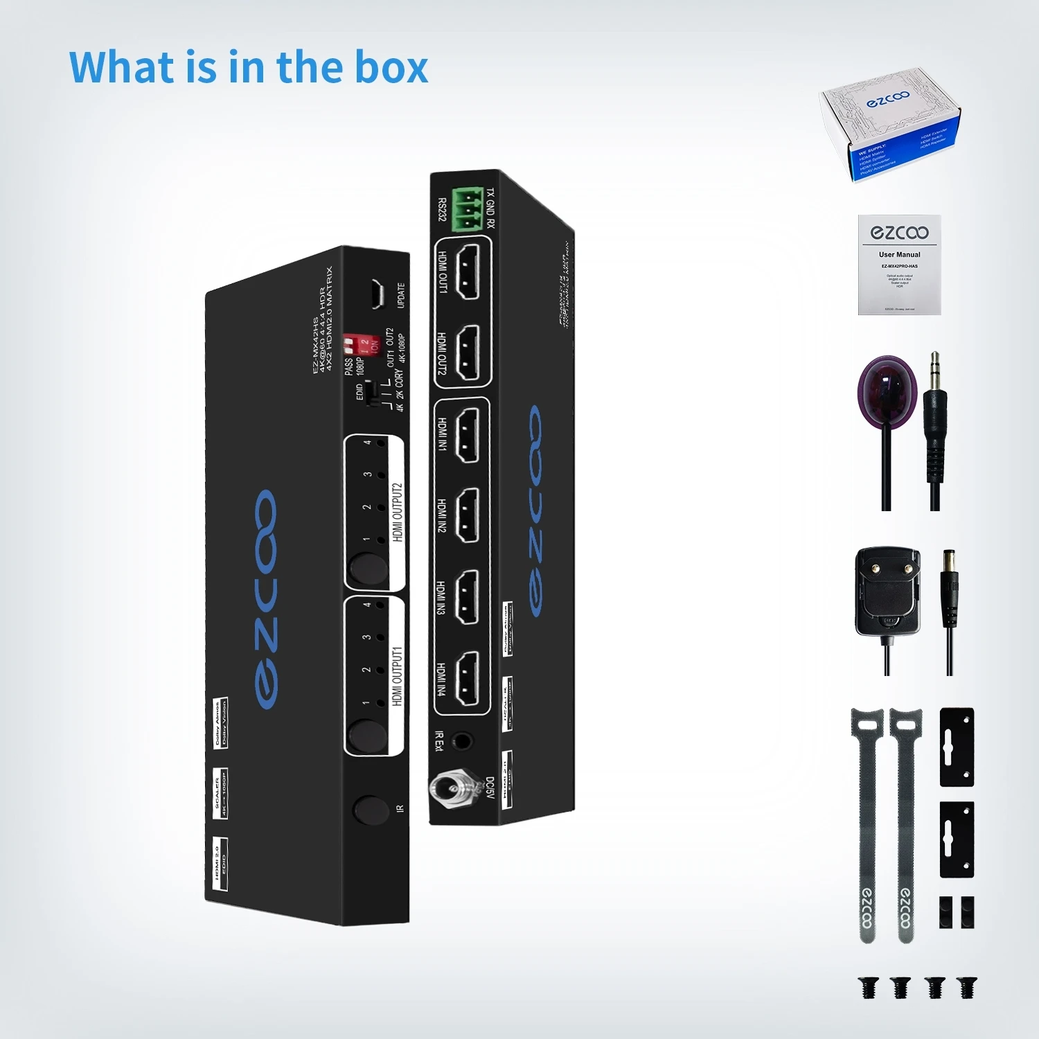 HD-MI Matrix 4x2 4K 60Hz 444 HDR 10 Atmos 18Gbps EDID Scaler 4K 1080P HD-MI Matrix 4 in 2 Out HDCP2.2 RS232 IR Ext Remote