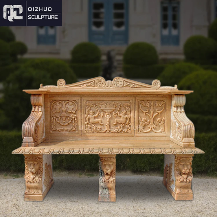 Customized Antique Outdoor Garden Decor Hand Carved Park Natural Stone Red Marble Bench Chair