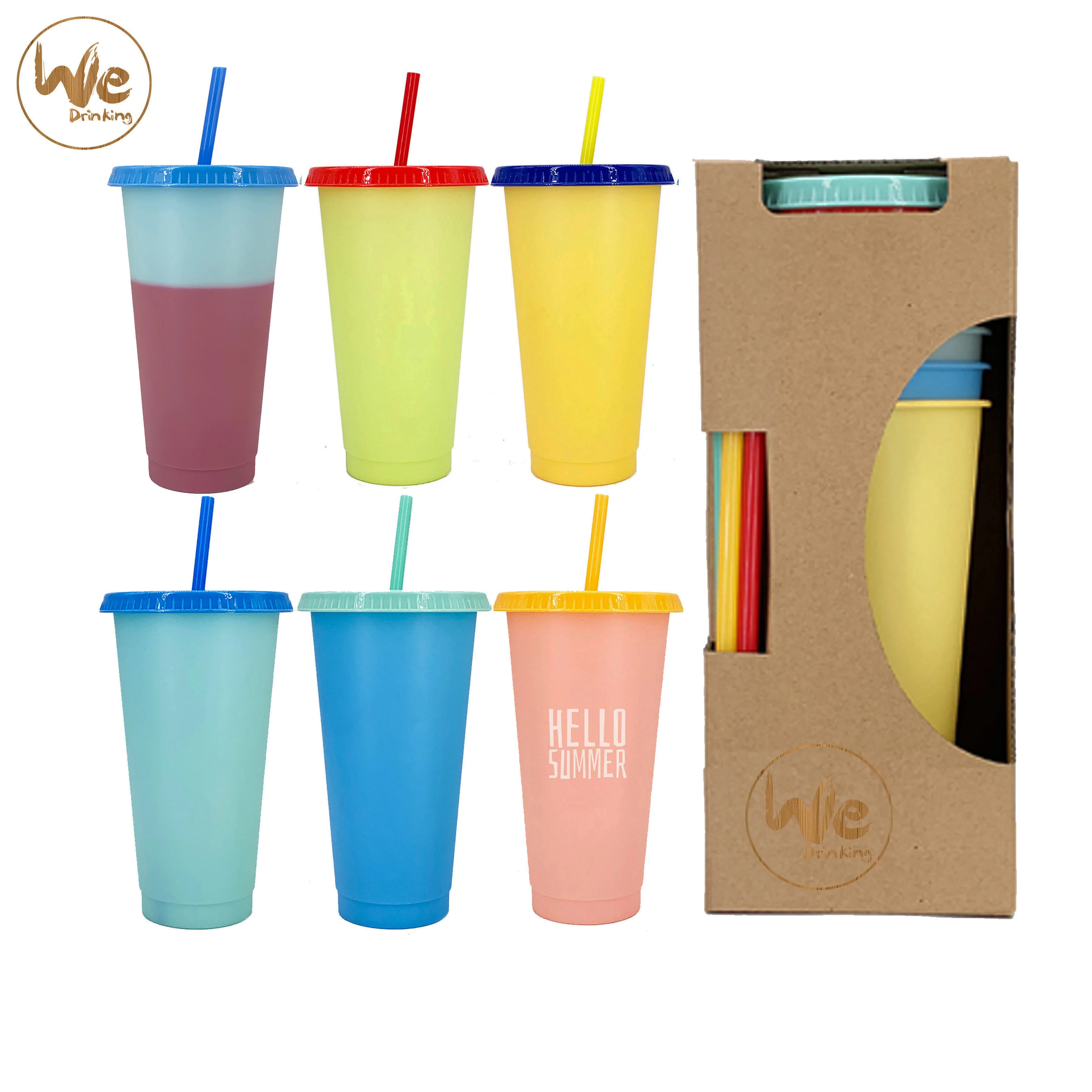 
24OZ 680ml color colour changing reusable cold water coffee cups plastic travel car cups with lids and straws 
