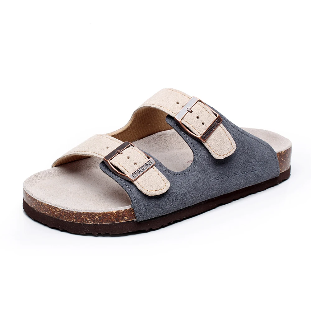 
Hot Sale women Suede Leather Sandals Shoes Double Buckle Cork sole Slippers 