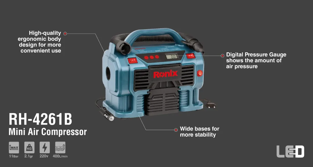 Ronix RH-4261 Professional Air Compressor Ac-220v Cordless Low Noise Mini Digital Screw Air Car Compressor Machine