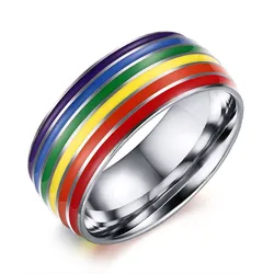 JSFPR-020 ODM Custom Stainless Steel Rainbow Ring For Men Women Enamel Lines Pride Rings Wedding Bands Wholesale Dropshippig