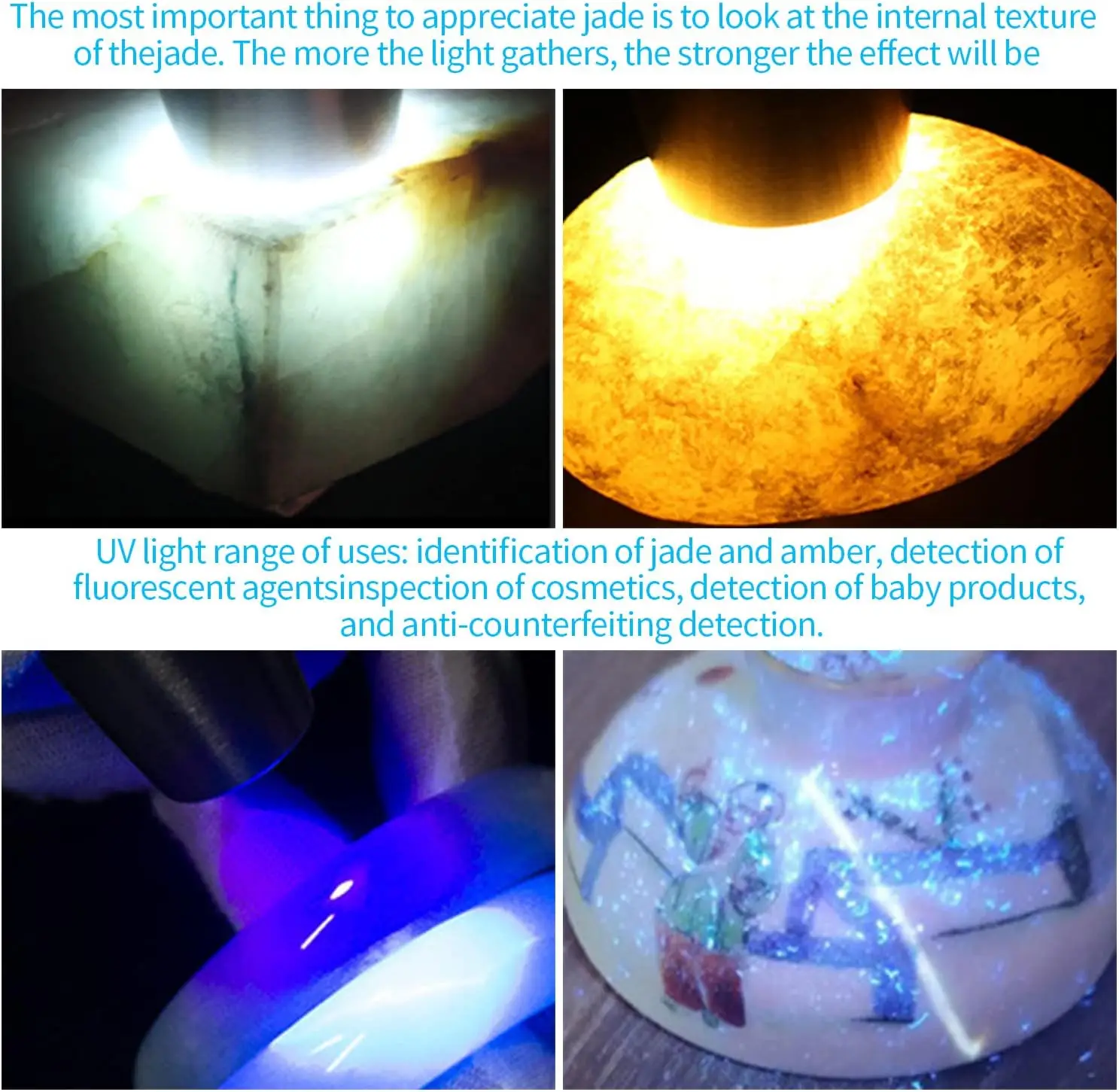 4 in 1 Type-C Rechargeable Gem Torch Ultraviolet (UV) Flashlight Jade Jewelry Gemstone Identification Lights Intellig Test Jade