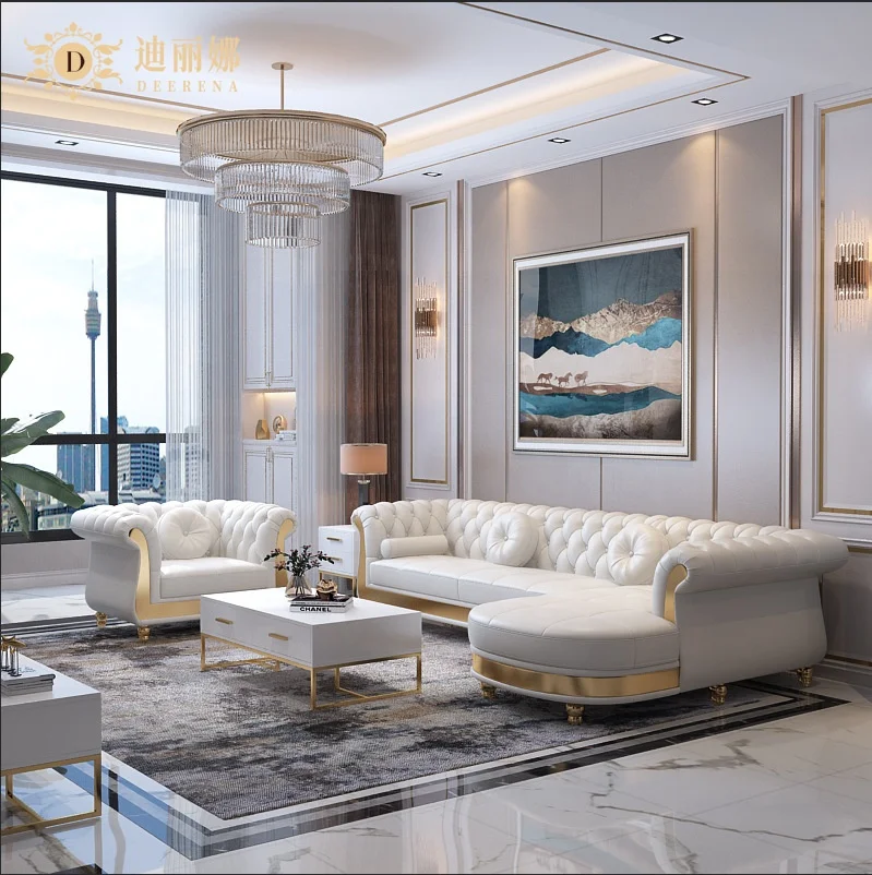 Best Selling Product Italian Luxury Royal Beige Upholstered Velvet Chesterfield Sofa Set Living Room Furniture for Hotel Project