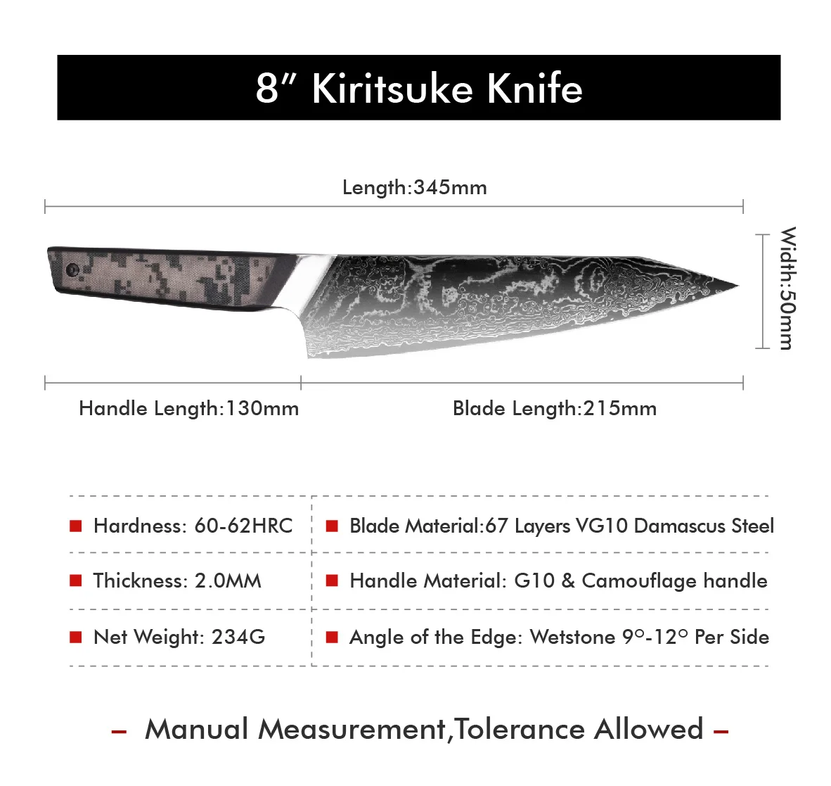 8 inch Japanese kiristuke kitchen knife with camouflage G10 handle