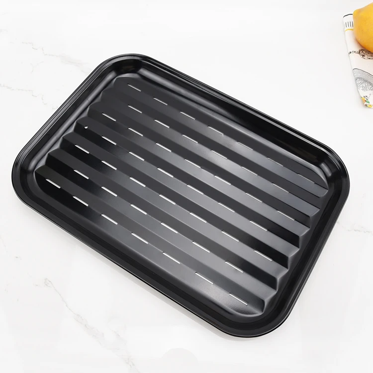 BBQ tool carbon steel non stick rectangular barbecue grill basket with leakage holes vegetable meat roast plate oil leakage pan