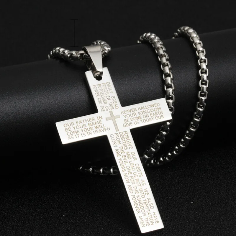 Stainless Steel Necklace For Men Prayer Choker Cross Pendant Black/Silver Chain Prayer Religious Medals Christian Jesus Jewelry