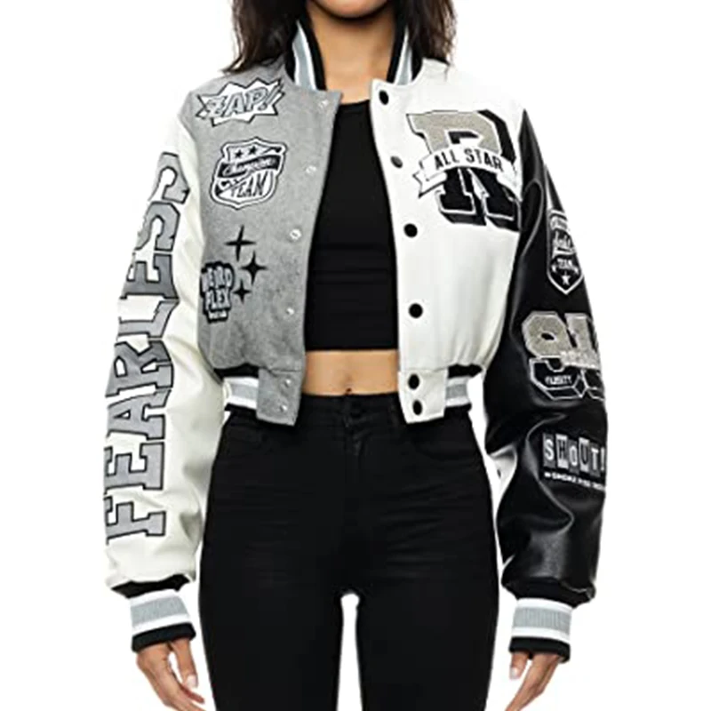 Wholesale Fashion Custom Logo Women Faux Leather Sleeves Varsity Letterman Cropped Jacket With Patches For Women Thick Mat