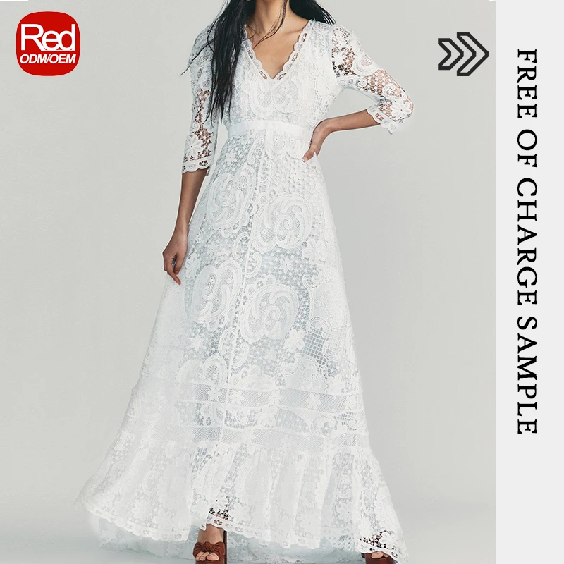 RedHK Customized High Quality New Crochet Ladies Elegant White Long Sleeve Lace womens Elegant casual dress
