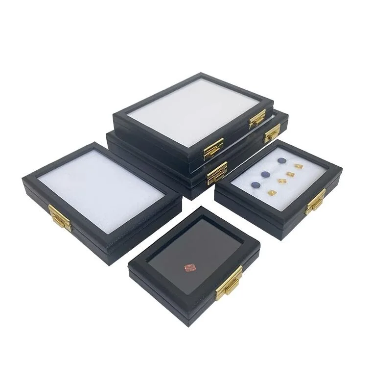 2023 New large capacity black patent leather glass box with lock transparent color treasure box skylight box color stone ring fa