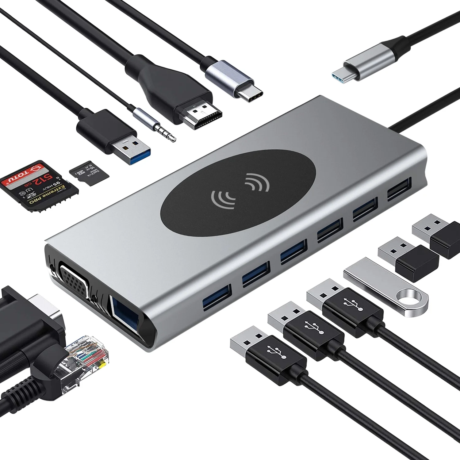 Usb-концентратор 15 в 1 с беспроводным зарядным устройством 15 Вт, алюминиевый концентратор с 15 портами usb 2,0 типа c с hd mi sd tf rj45 аудио 3,5 для ноутбука 15