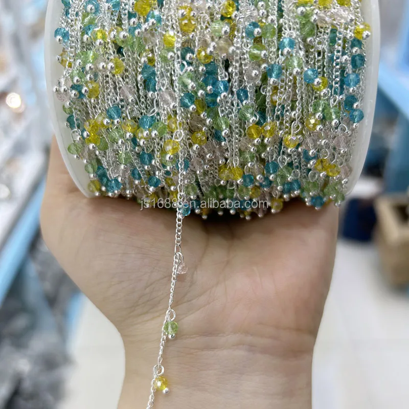 stainless steel crystal beads chain for jewelry making yellow blue mix beaded chain DIY necklace accessories