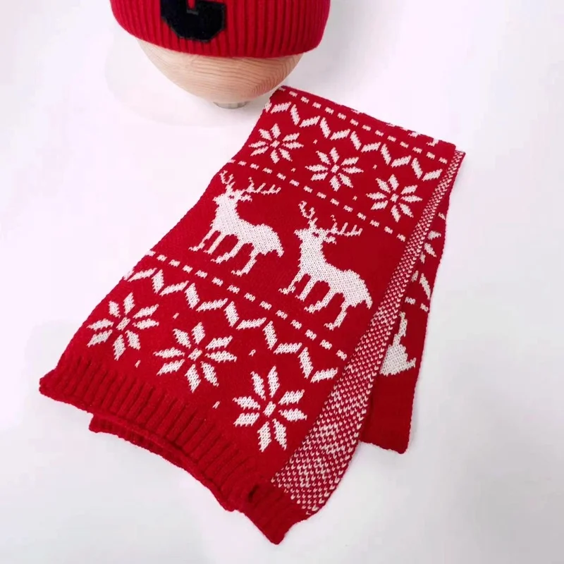 Factory Stock Red Knitted Winter Christmas Scarf Acrylic Scarf Jacquard Christmas Necklaces for Kid and Women