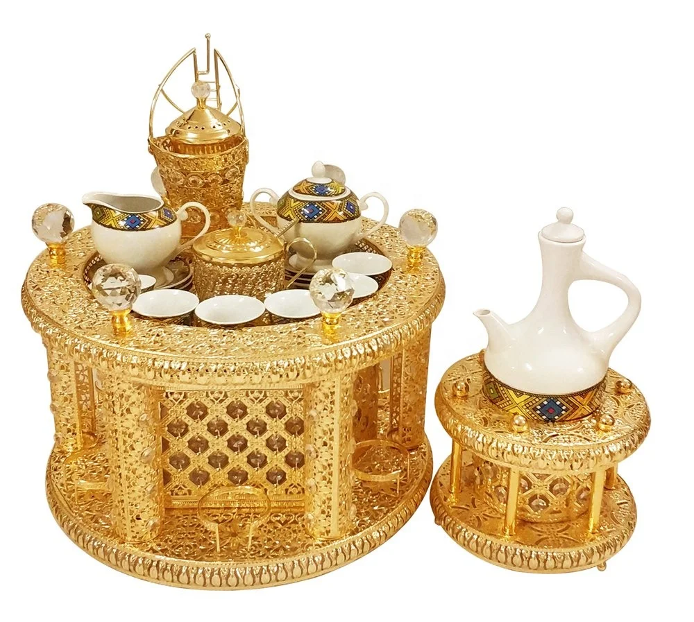 2023 new design circle coffee tray set with porcelain tea cup and saucers