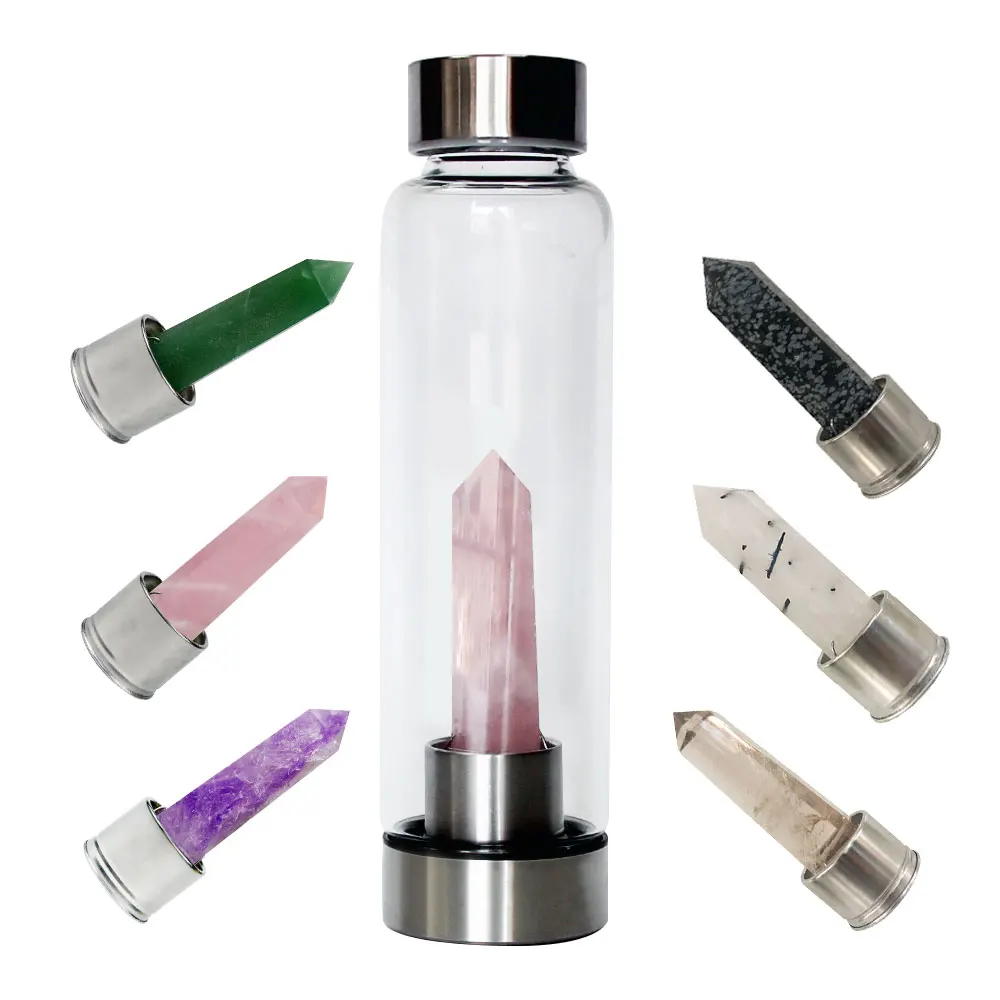 Private Label Rose Gold Healing Natural Gemstone Quartz Infused Elixir Glass Crystal Water Bottles