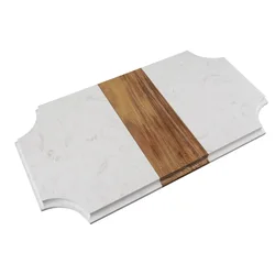 Nordic Style Acacia Wood And White Marble Cheese Charcuterie Board Wood Serving Board For Meats Fruit Crackers Use