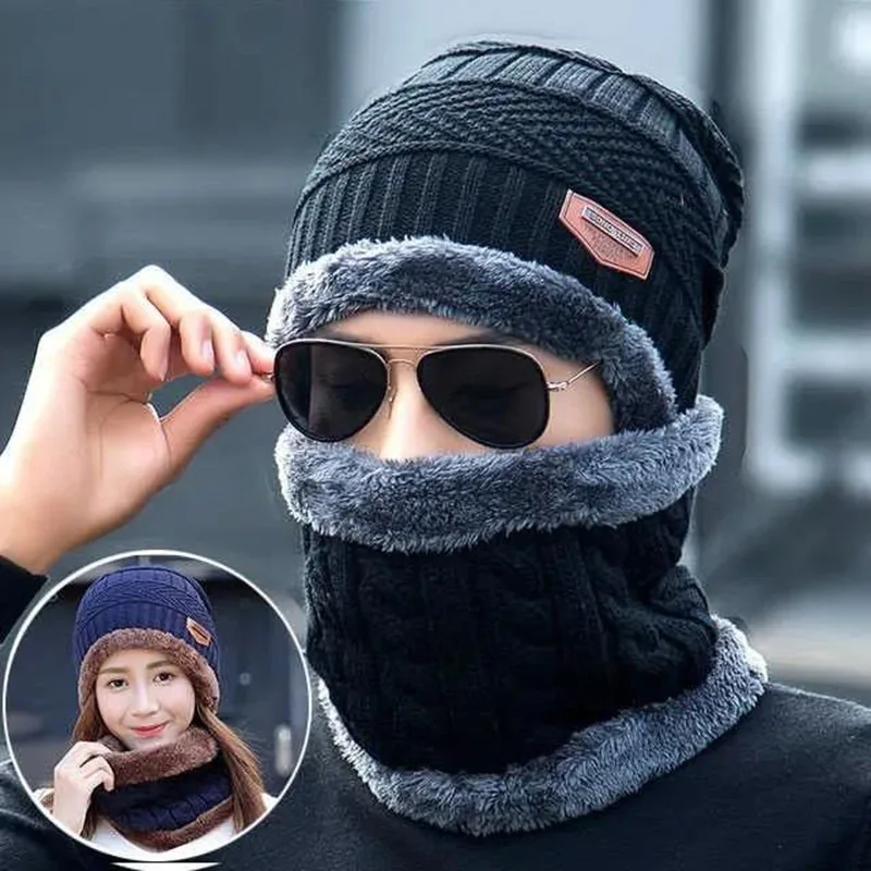 Soft Thicken Wool Ski Hat Men Warm Hats Neck Warm Winter Wool Hat Set Women Men Beanie Knitted Cap Scarf Set