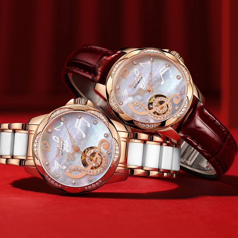bestdon BD7183L Luxury Ladies MOP Dial Music Watch Women Genuine Leather Ceramic Band Automatic Watch