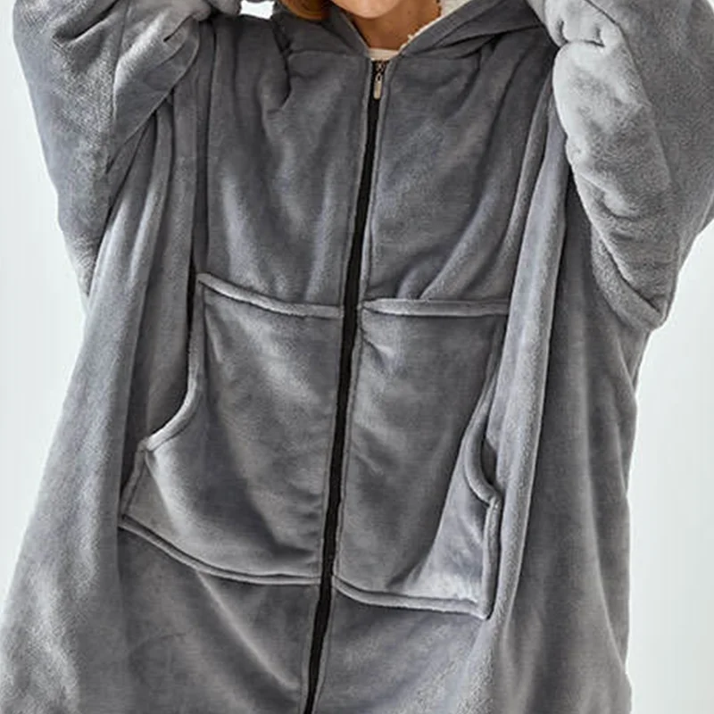 Nature Sherpa Winter Tv Hooded Long Sleeve Wearable Oversized Large Pocket Flannel Hoodie Blanket