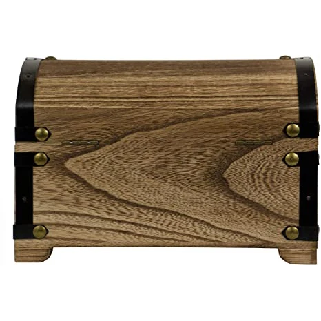 Decorated retro wooden treasure chest in natural wood-burning style with decorative metal profile and metal hinges