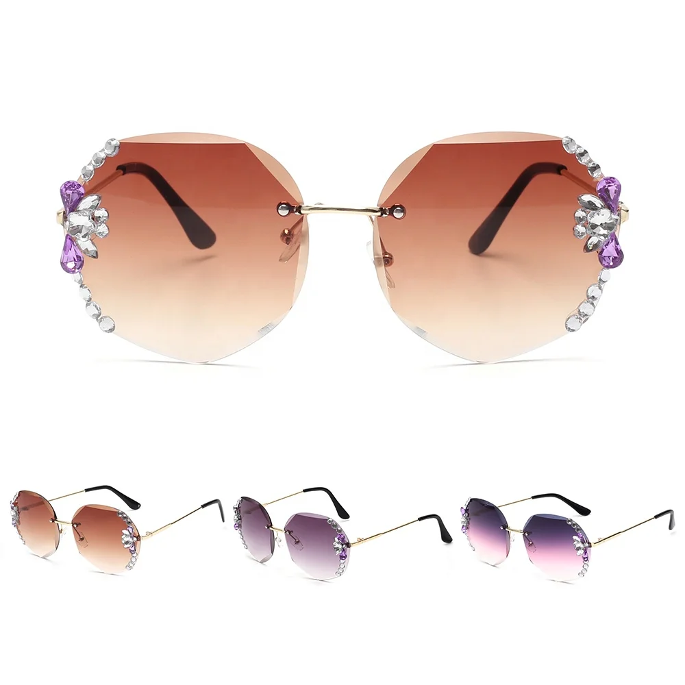 factory custom logo colorful diamond rimless rhinestone shades round women lady mens diamond UV400 lentes de sol sunglasses