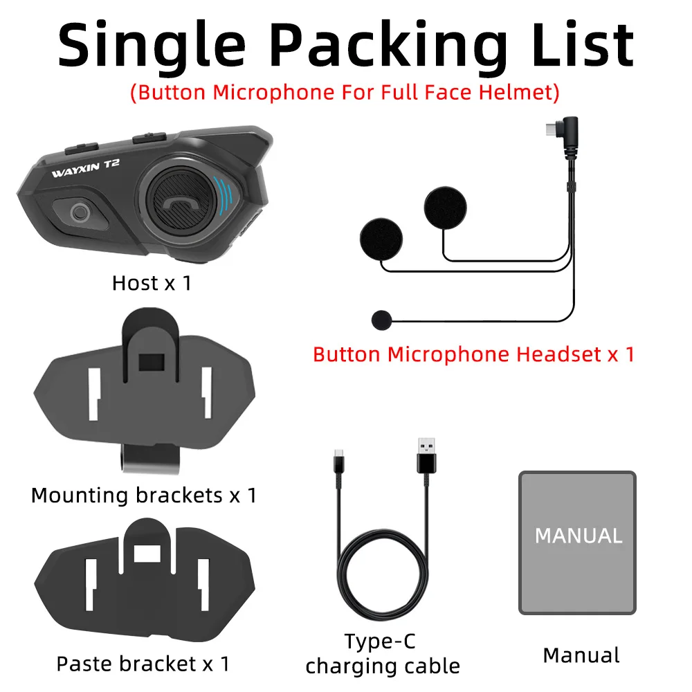 Motorcycle Helmet Wireless Headset WAYXIN T2 Interphone 30m Walkie-Talkie Skiing ATV Dirt Bike Waterproof Wireless Communication