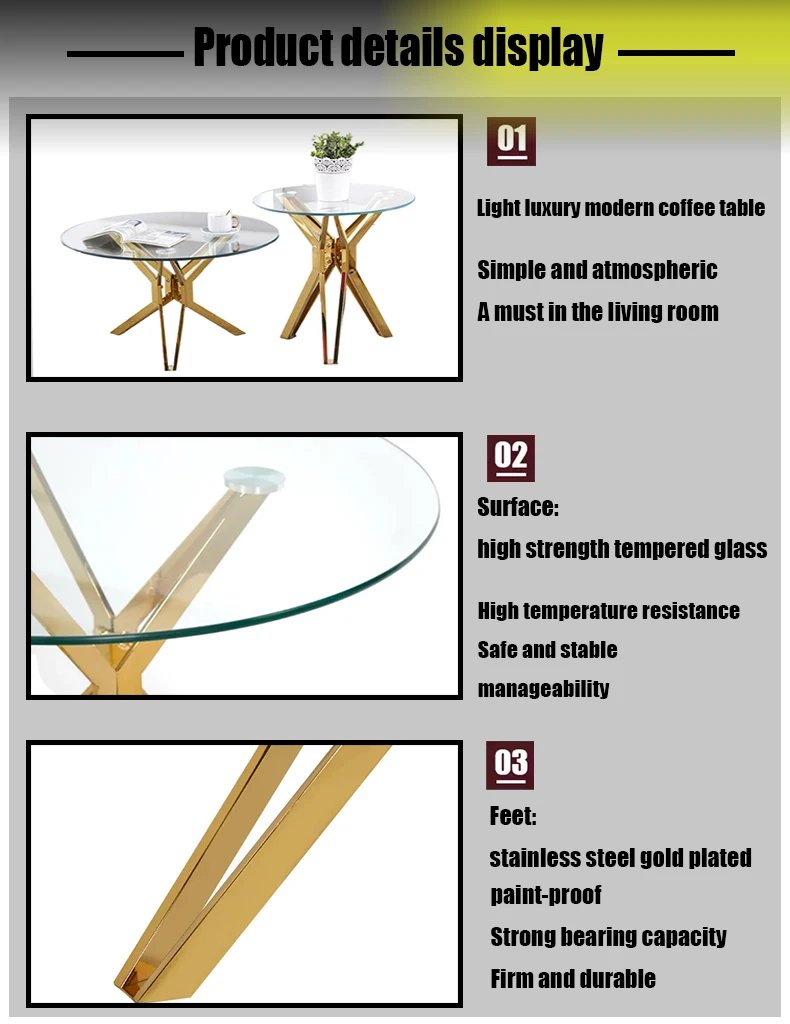 SUKE Popular Cheap Modern Wedding Banquet Dining Stainless Steel Round Tables Glass Top Gold Metal Frame Furniture Coffee Table