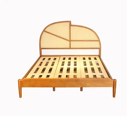 Modern Nordic Bedroom Furniture Solid Wood Bed Wooden Frame Bed Woven Rattan Cane Double 1.5m 1.8m  Bed