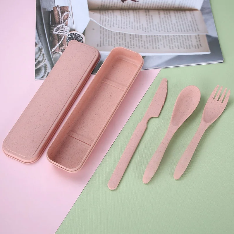 Portable wheat spoon and fork knife reusable wheat straw fiber plastic cutlery with case