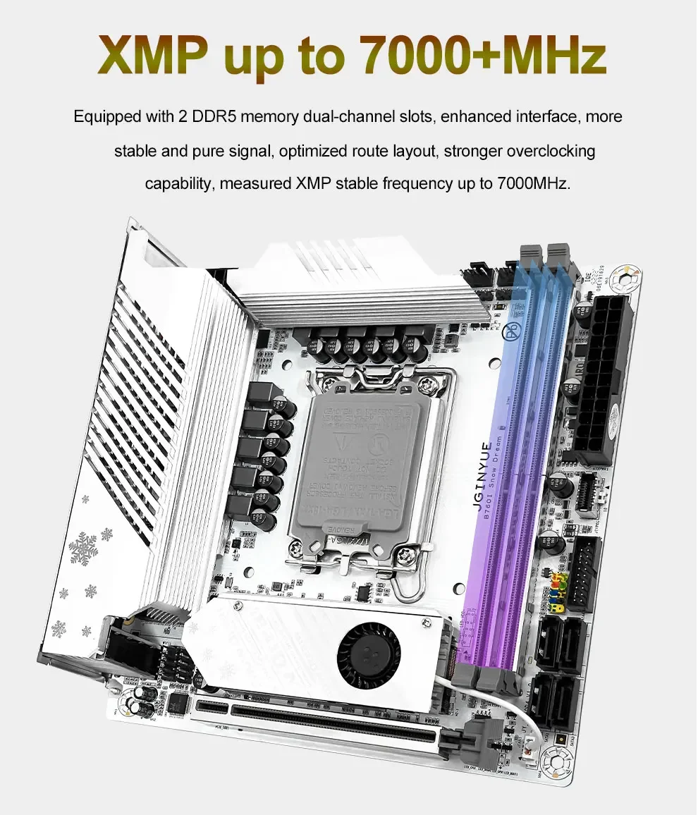 JGINYUE B760I Snow Dream DDR5 Gaming Motherboard High Speed Dual M.2 Interface 64G LGA 1700 Mini ITX PC Motherboard