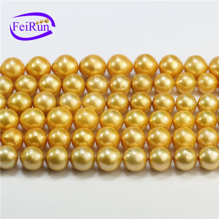 Feirun 12-13mm round AA+ golden color cultured freshwater big natural pearls strands wholesale 16 inch