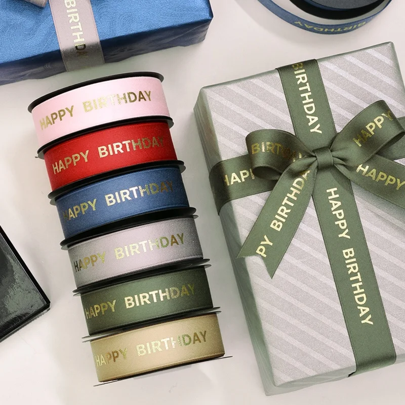  RIBEST Personalised Gilding Custom Polyester Cotton Ribbon With Logo Printed Happy Birthday For Gift