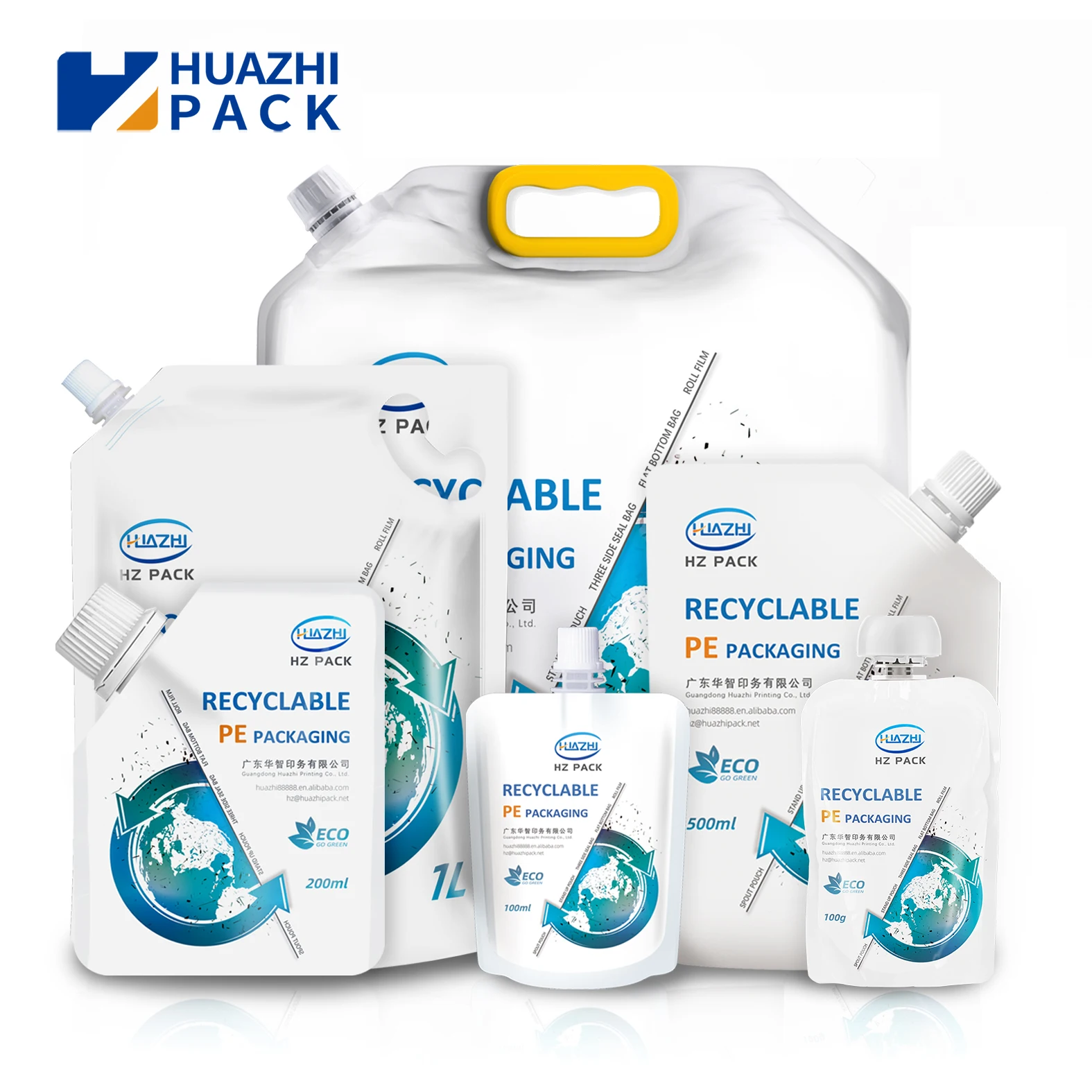 Eco Packaging Custom Plastic Liquid Recyclable Spout Pouch Drink Juice Squeeze Bags Washing Liquid Detergent Packaging Doypack